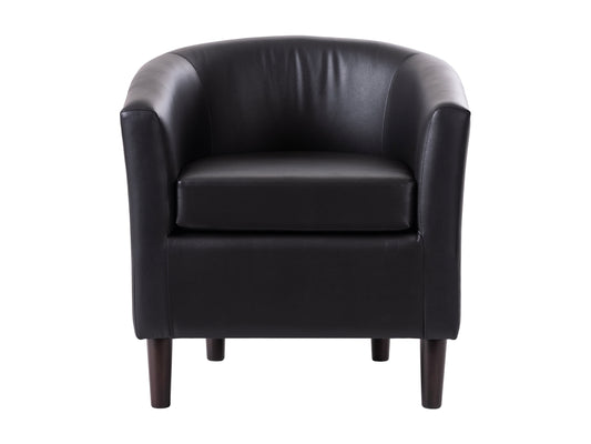 Black vegan leather barrel chair with sleek curves, smooth texture, and padded seat. Features a modern design with sturdy metal legs, perfect for contemporary living rooms or offices.
