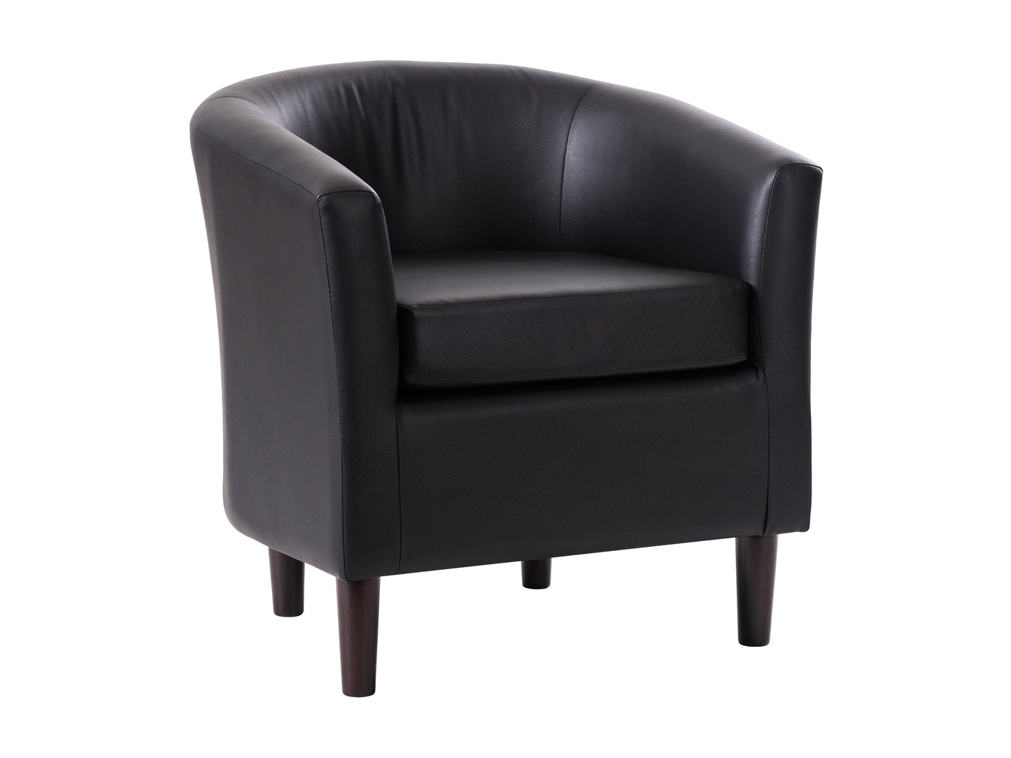Black vegan leather barrel chair with sleek curves, smooth texture, and padded seat. Features a modern design with sturdy metal legs, perfect for contemporary living rooms or offices.