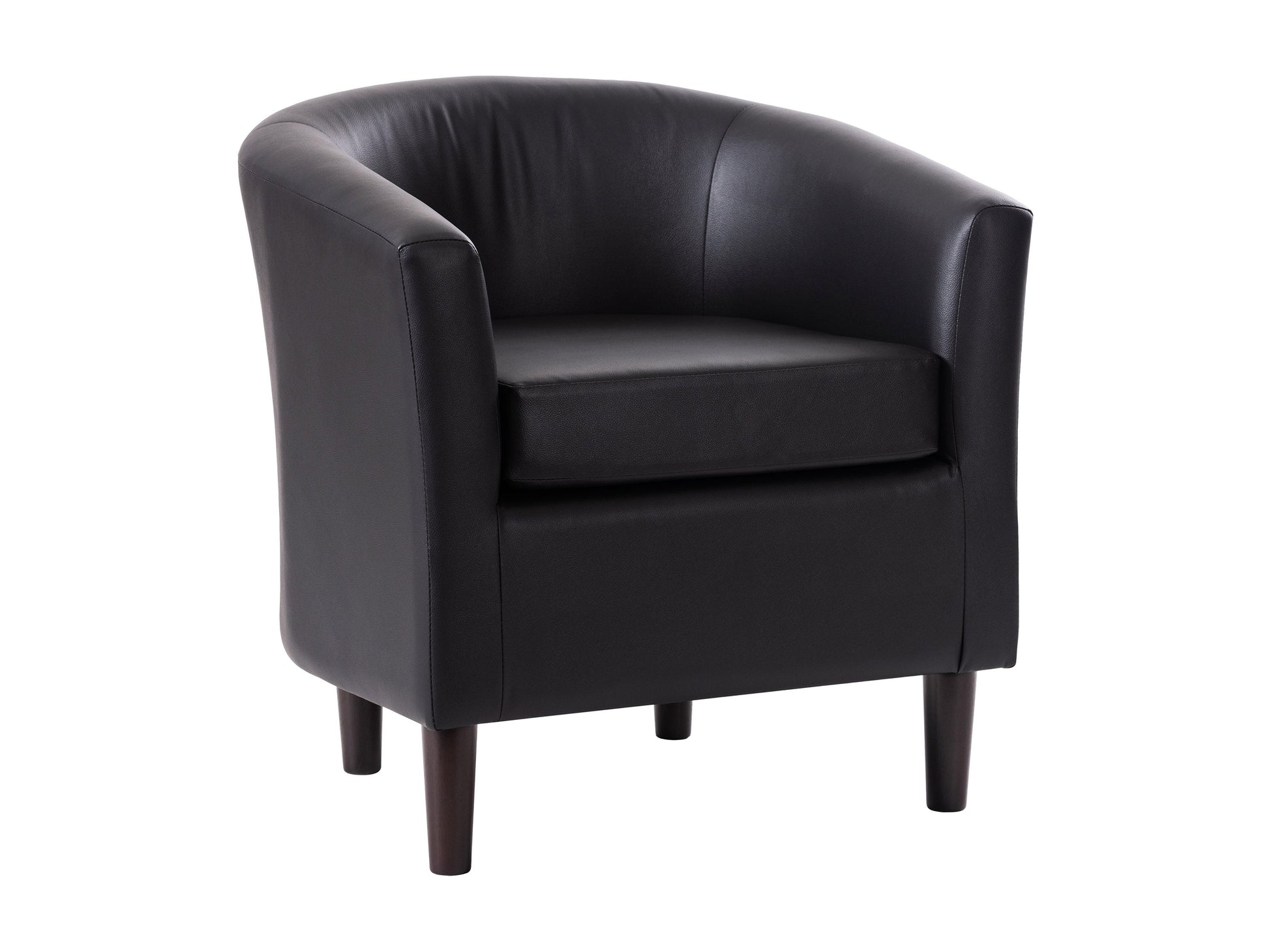 Black vegan leather barrel chair with sleek curves, smooth texture, and padded seat. Features a modern design with sturdy metal legs, perfect for contemporary living rooms or offices.