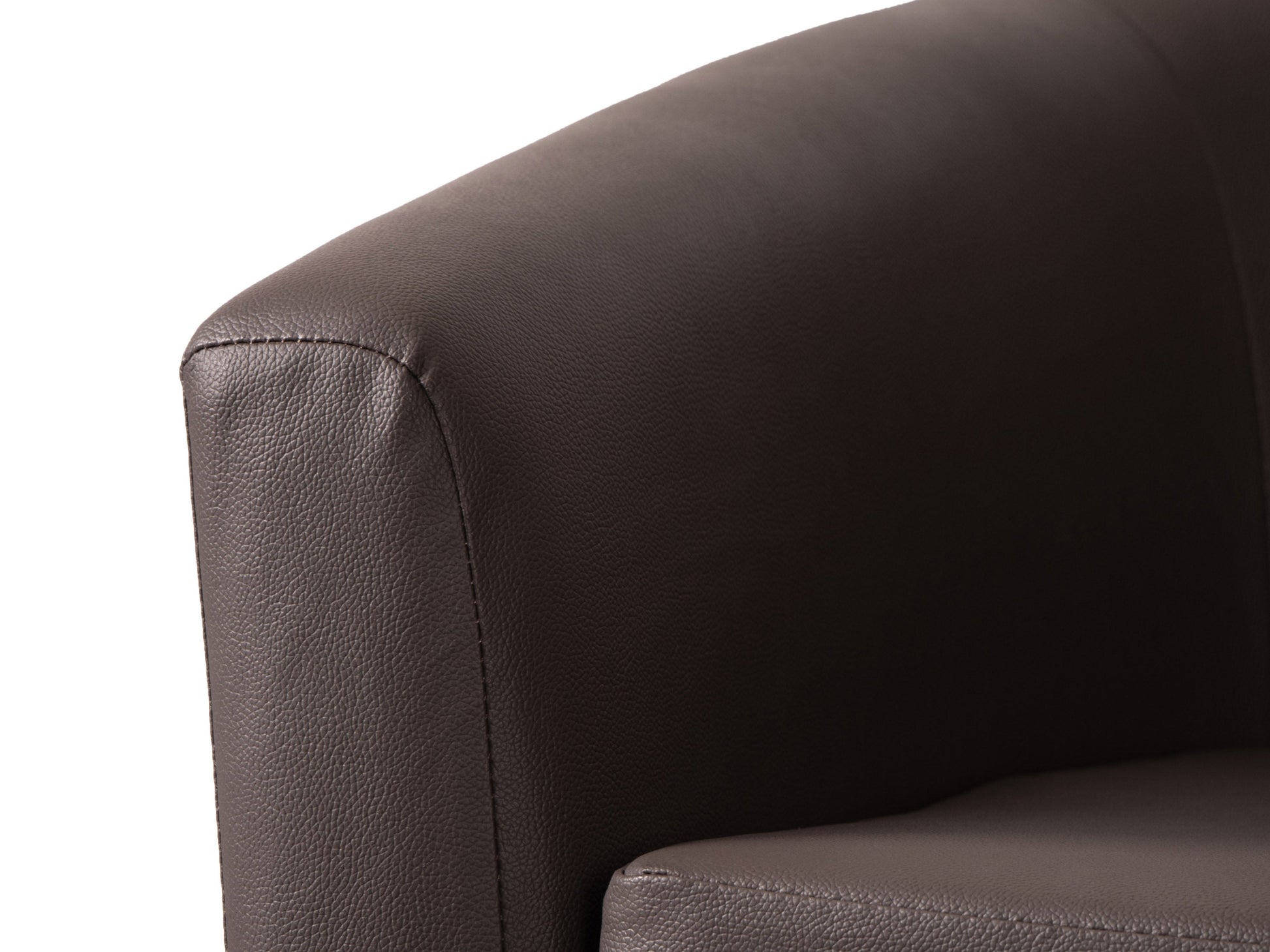 Dark brown vegan leather barrel chair with curved backrest, plush cushioning, and sleek wooden legs, perfect for modern living rooms or home offices.