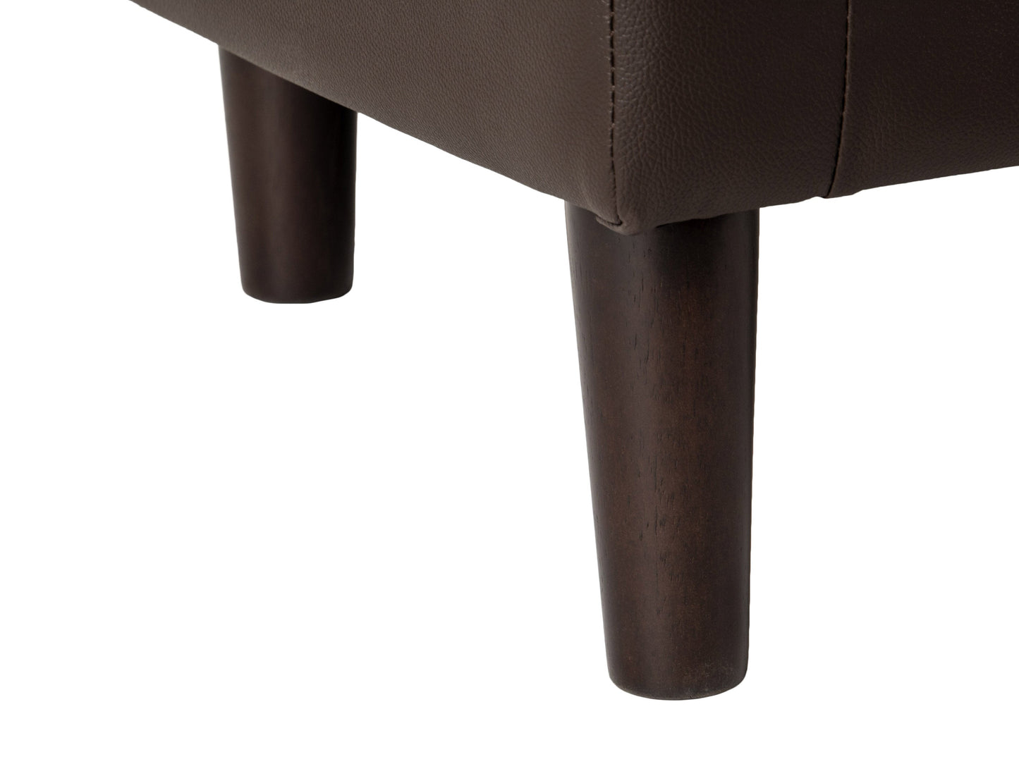 Dark brown vegan leather barrel chair with curved backrest, plush cushioning, and sleek wooden legs, perfect for modern living rooms or home offices.