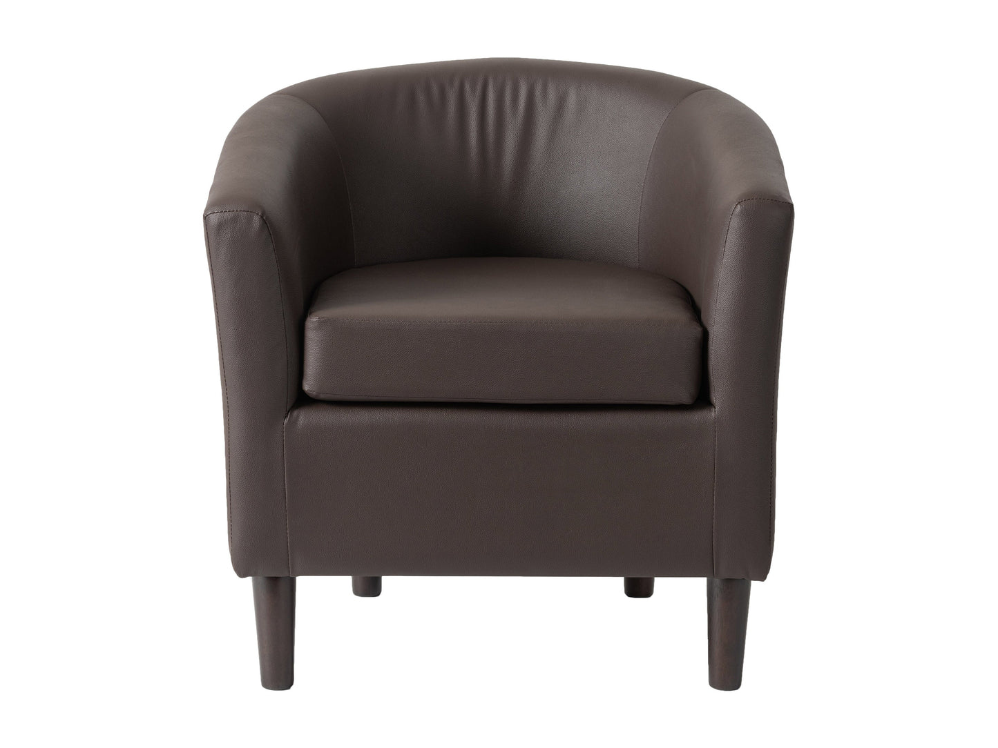 Dark brown vegan leather barrel chair with curved backrest, plush cushioning, and sleek wooden legs, perfect for modern living rooms or home offices.
