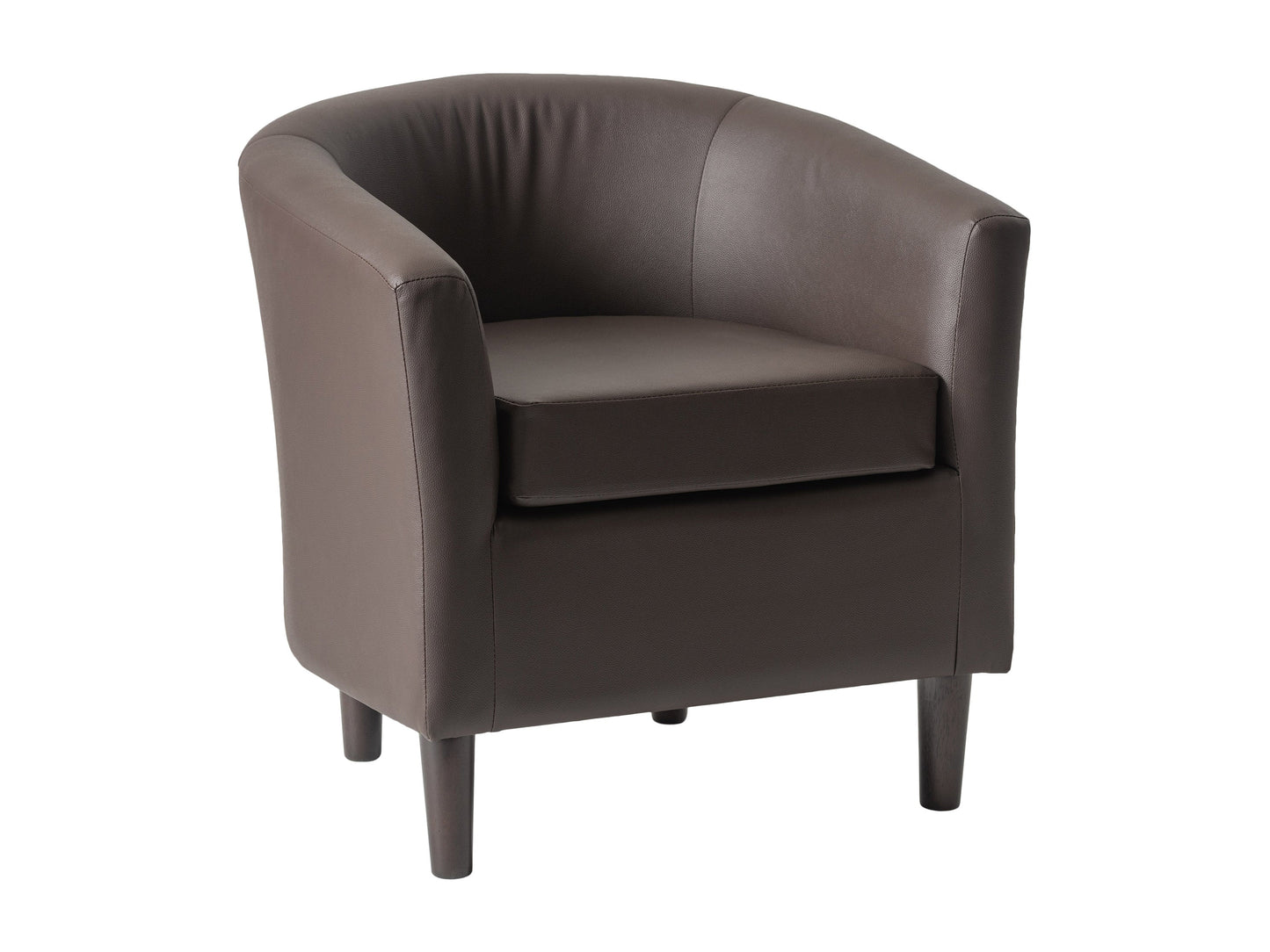 Dark brown vegan leather barrel chair with curved backrest, plush cushioning, and sleek wooden legs, perfect for modern living rooms or home offices.