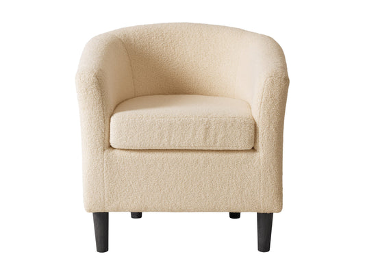 Cream boucle barrel accent chair with curved backrest, plush texture, and wooden legs. Chair features a modern design, perfect for living rooms or reading nooks.