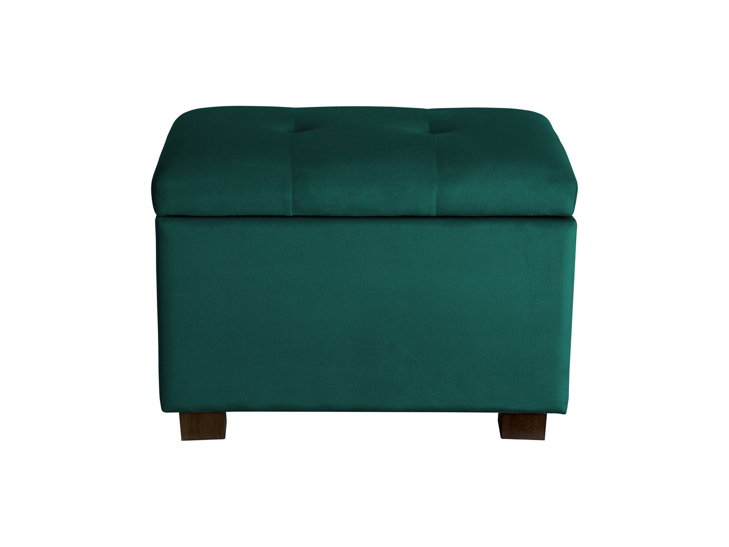 Green velvet ottoman with storage compartment, featuring a plush, tufted top and sleek gold legs, perfect for adding a touch of elegance and functionality to any living room or bedroom.
