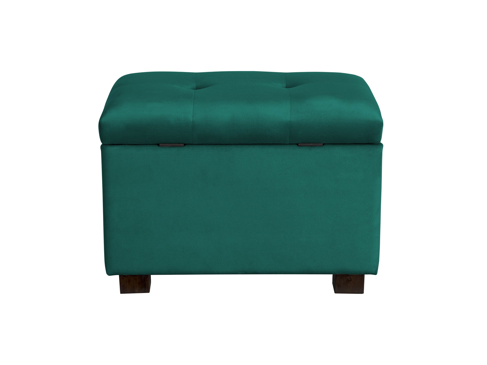 Green velvet ottoman with storage compartment, featuring a plush, tufted top and sleek gold legs, perfect for adding a touch of elegance and functionality to any living room or bedroom.