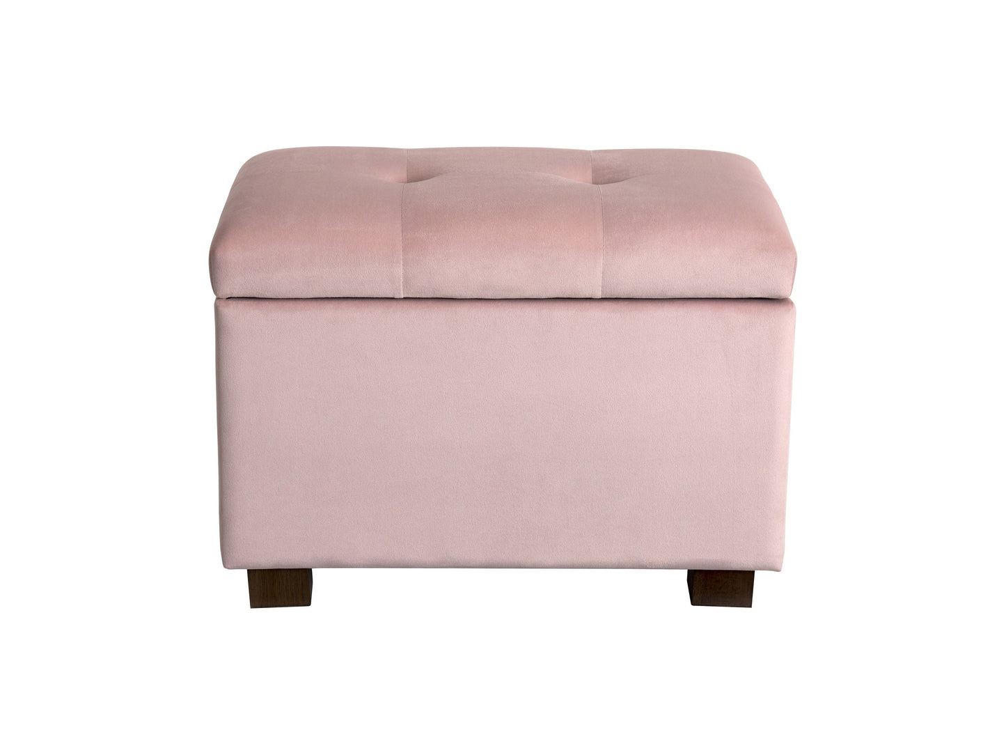 Pink velvet ottoman with storage, featuring a tufted top, gold metal legs, and a spacious interior compartment for organizing items. Perfect for adding a touch of elegance and functionality to any living space.
