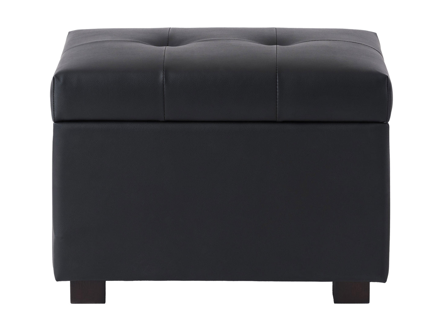 Brown vegan leather storage ottoman with tufted top, wooden legs, and spacious interior storage compartment.