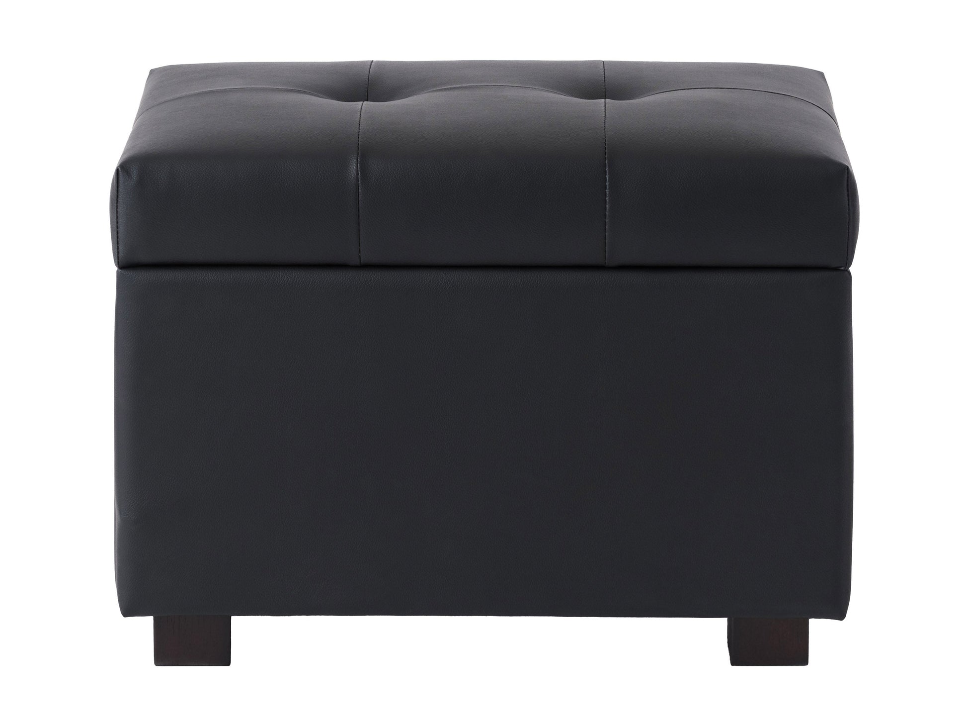 Brown vegan leather storage ottoman with tufted top, wooden legs, and spacious interior storage compartment.