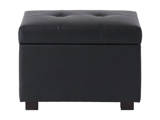 Brown vegan leather storage ottoman with tufted top, wooden legs, and spacious interior storage compartment.