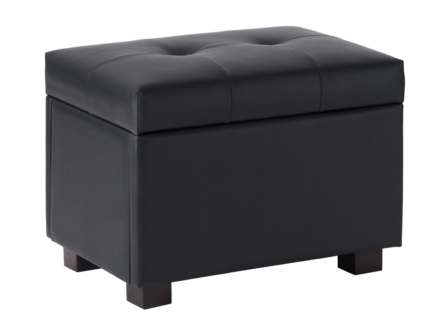 Brown vegan leather storage ottoman with tufted top, wooden legs, and spacious interior storage compartment.