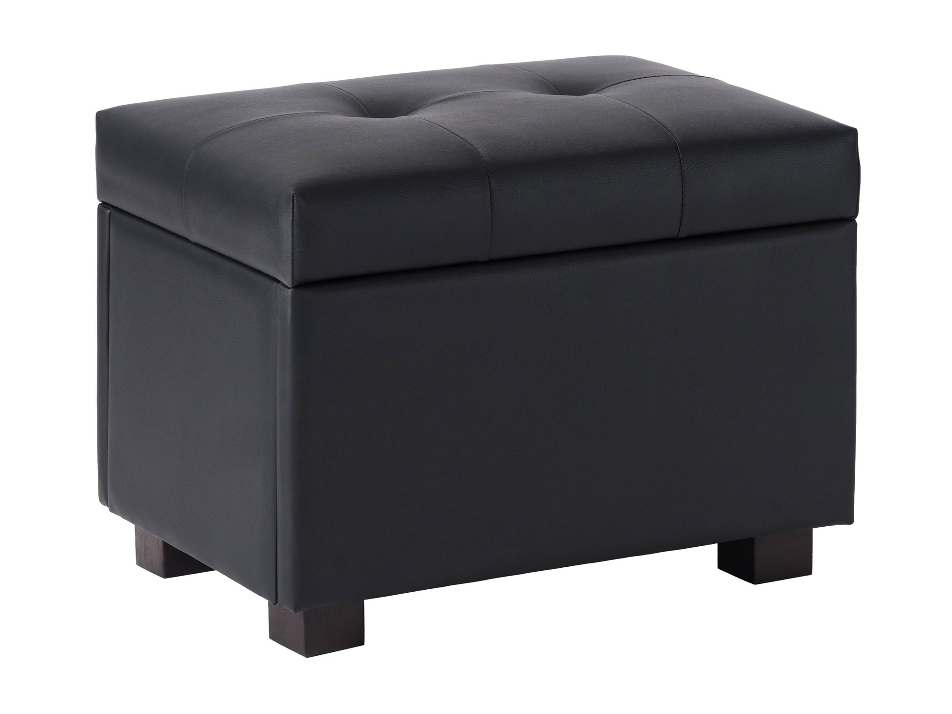 Brown vegan leather storage ottoman with tufted top, wooden legs, and spacious interior storage compartment.