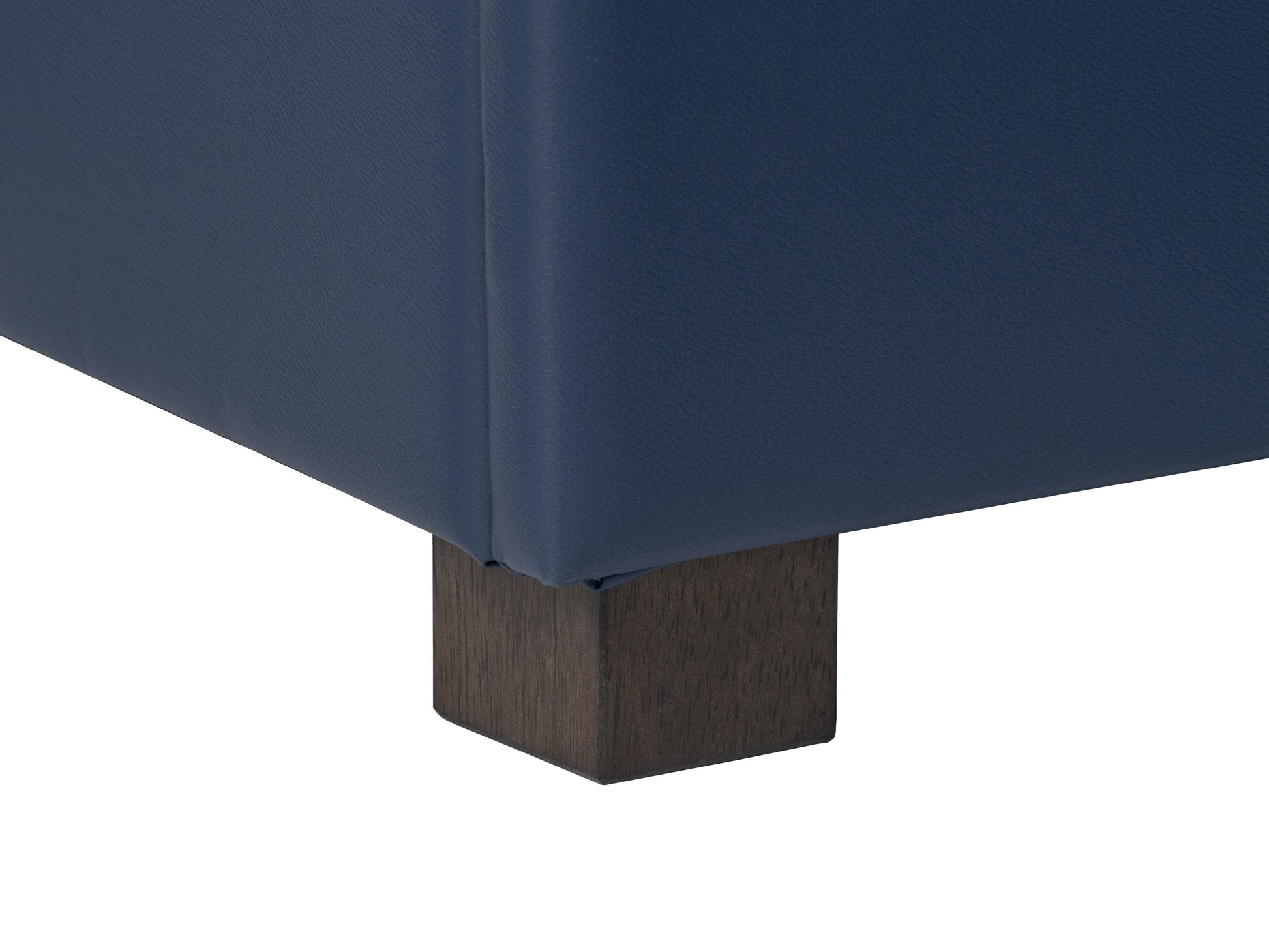 Blue upholstered ottoman with tufted top, wooden legs, and built-in storage compartment. Ideal for living room or bedroom decor, offering both seating and organizational solutions.