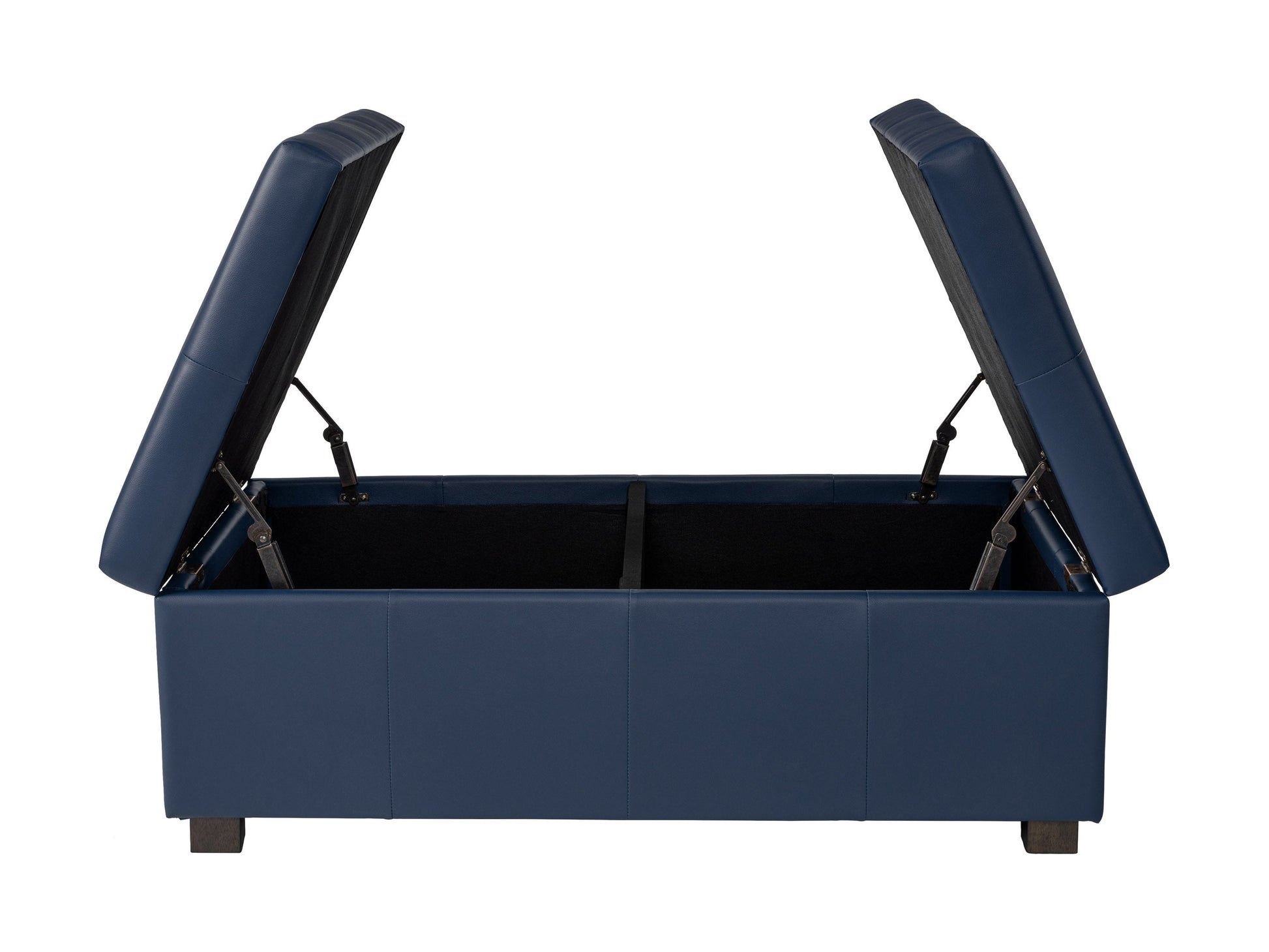 Blue upholstered ottoman with tufted top, wooden legs, and built-in storage compartment. Ideal for living room or bedroom decor, offering both seating and organizational solutions.