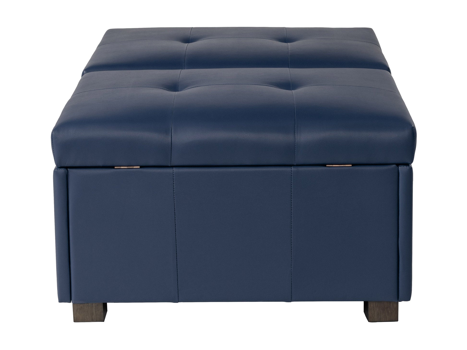 Blue upholstered ottoman with tufted top, wooden legs, and built-in storage compartment. Ideal for living room or bedroom decor, offering both seating and organizational solutions.