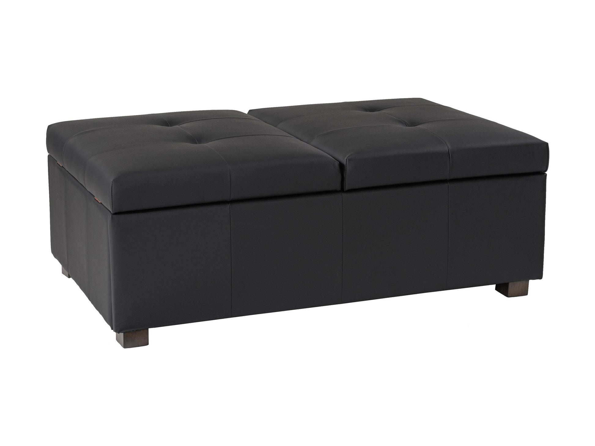 Matte black deluxe storage ottoman with tufted faux leather upholstery, spacious interior storage, and sleek minimalist design. Ideal for modern living rooms and versatile as extra seating or a coffee table.