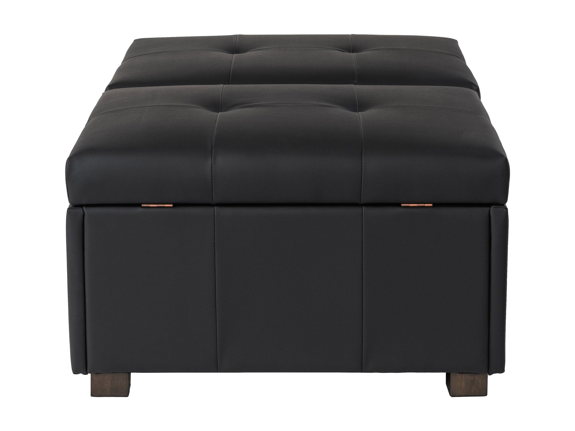 Matte black deluxe storage ottoman with tufted faux leather upholstery, spacious interior storage, and sleek minimalist design. Ideal for modern living rooms and versatile as extra seating or a coffee table.