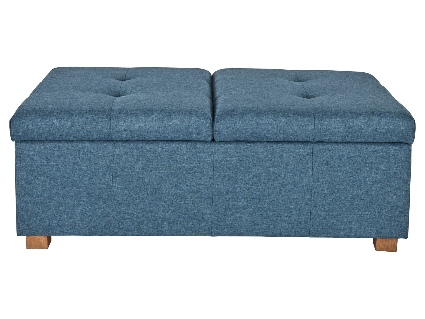 Blue double storage ottoman with tufted top, soft velvet upholstery, and dark wooden legs, perfect for living room or bedroom organization and extra seating.