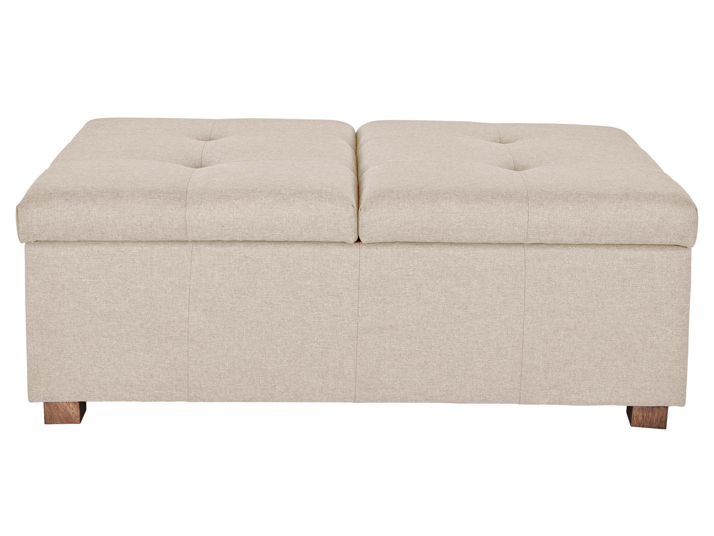 Beige double storage ottoman with tufted lid, upholstered in soft fabric, featuring spacious interior compartments and sturdy wooden legs. Ideal for living room or bedroom.