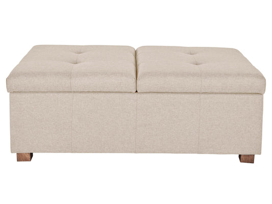 Beige double storage ottoman with tufted lid, upholstered in soft fabric, featuring spacious interior compartments and sturdy wooden legs. Ideal for living room or bedroom.