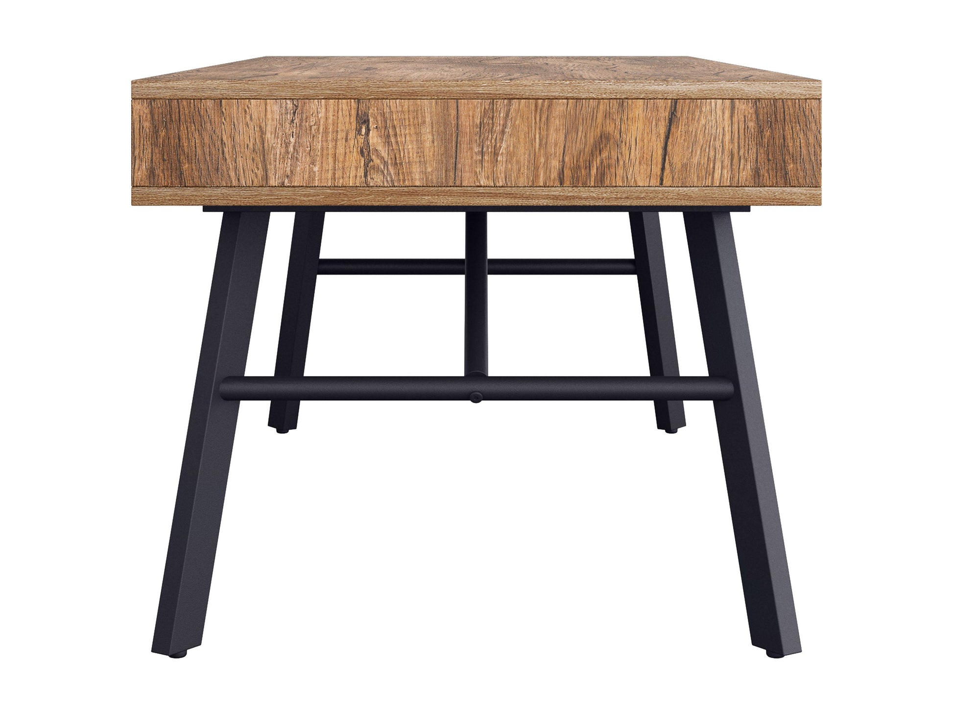 Rustic wood coffee table in brown with a rectangular shape, featuring a distressed finish, sturdy legs, and a lower shelf for storage. Ideal for living rooms with a farmhouse or vintage decor.