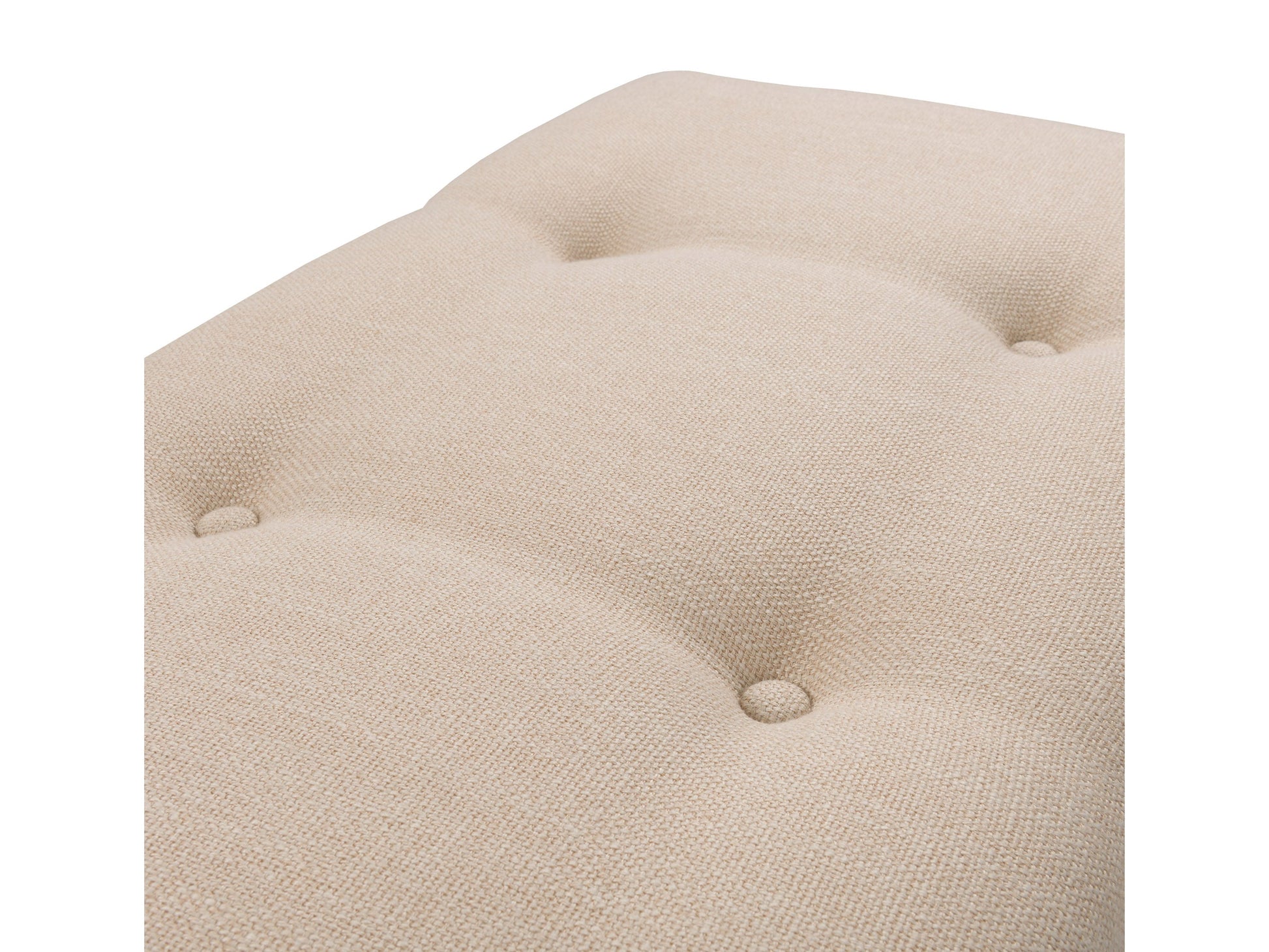 Cream accent bench with tufted upholstery, wooden legs, and a sleek design. The bench features a soft, cream-colored fabric with button detailing and dark wooden legs, perfect for entryways or living rooms.