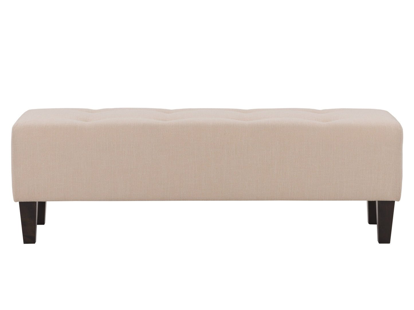 Cream accent bench with tufted upholstery, wooden legs, and a sleek design. The bench features a soft, cream-colored fabric with button detailing and dark wooden legs, perfect for entryways or living rooms.