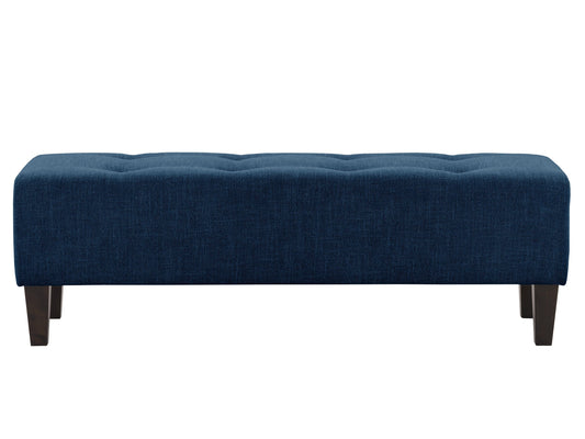 Navy blue accent bench with tufted velvet upholstery, gold metal legs, and a sleek modern design. Perfect for living rooms or entryways, providing both style and comfort.