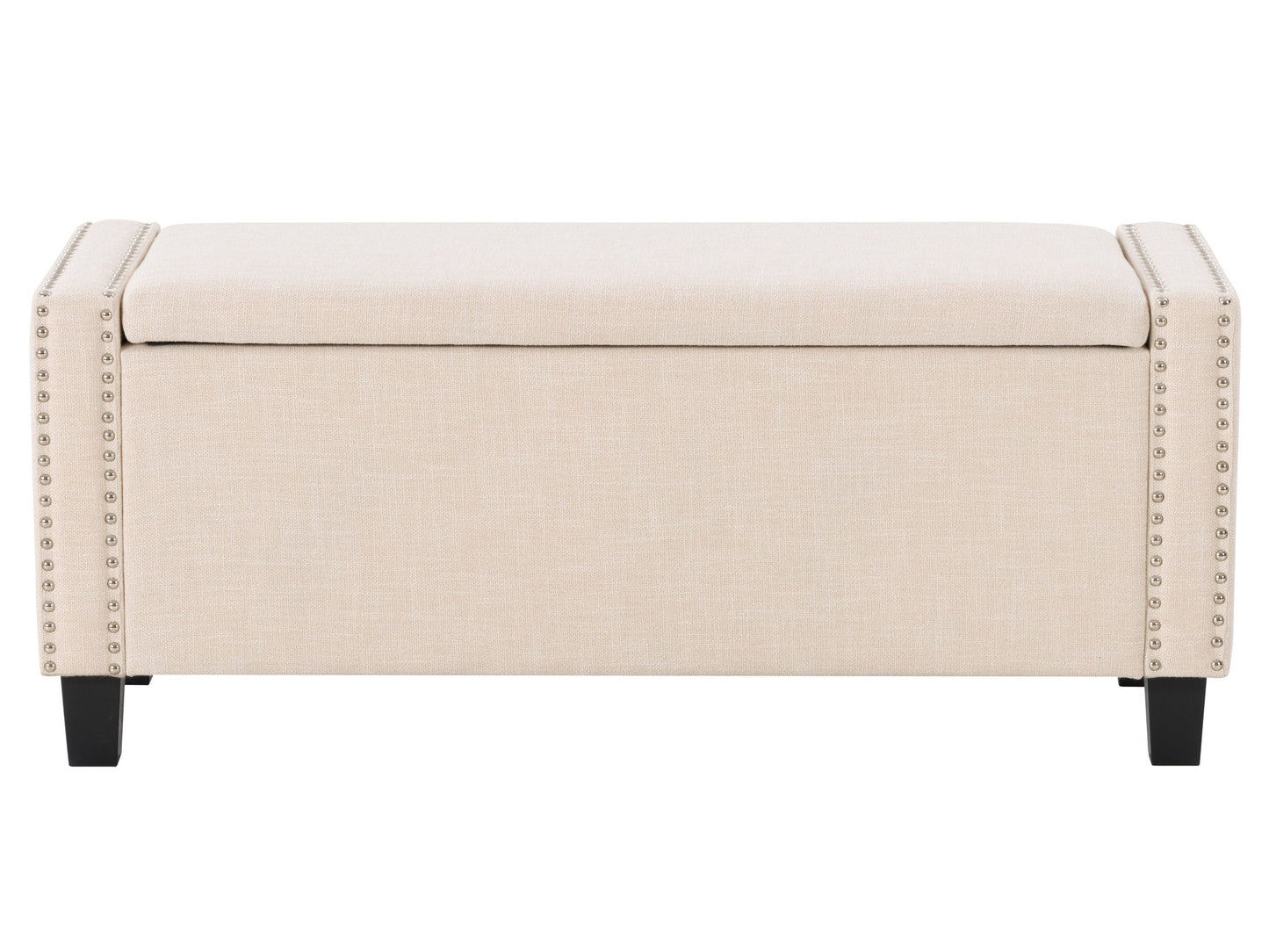 Beige storage ottoman with tufted top, soft fabric upholstery, and wooden legs. Ideal for living room or bedroom, providing additional seating and hidden storage.