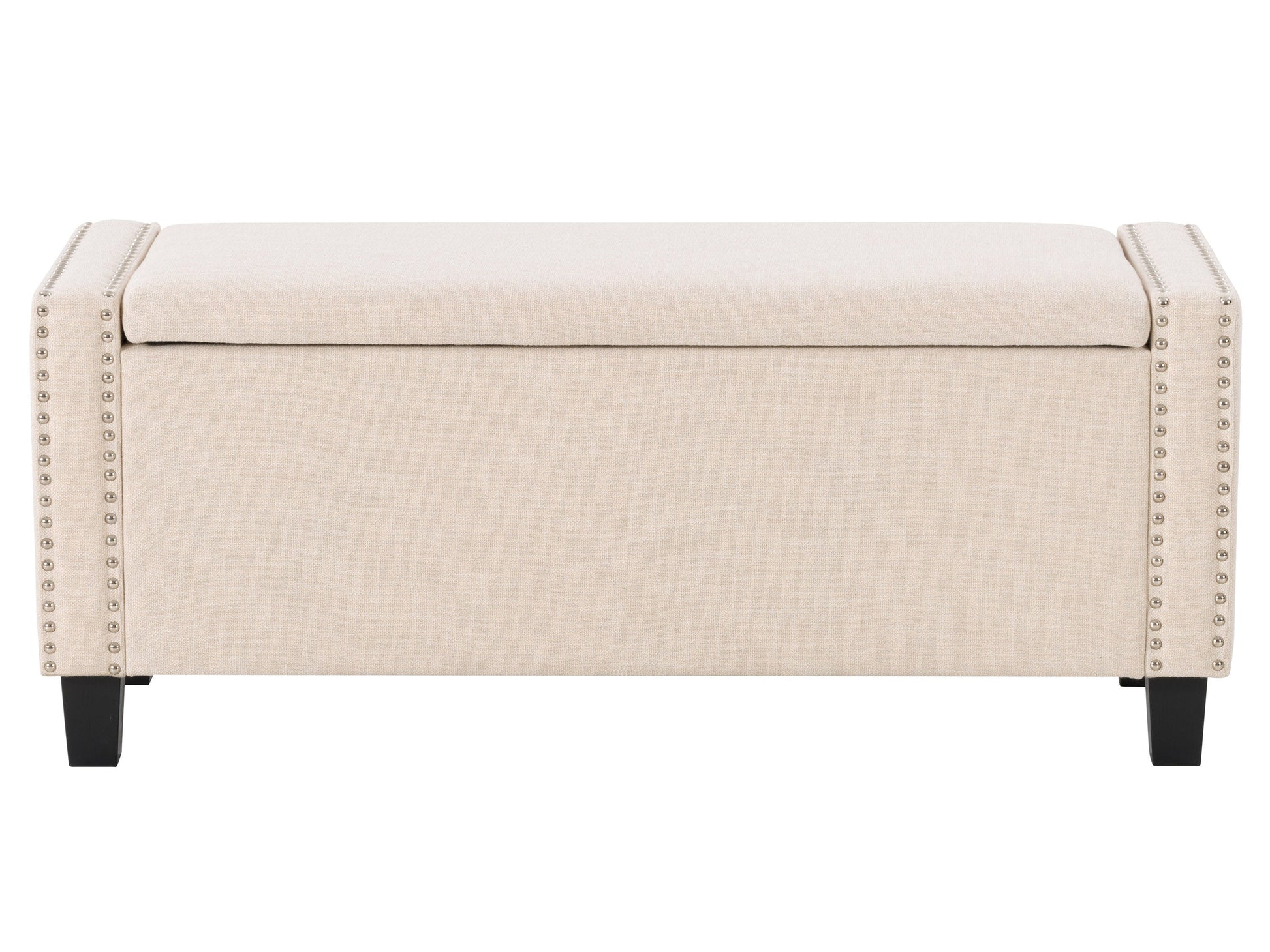 Beige storage ottoman with tufted top, soft fabric upholstery, and wooden legs. Ideal for living room or bedroom, providing additional seating and hidden storage.