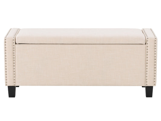 Beige storage ottoman with tufted top, soft fabric upholstery, and wooden legs. Ideal for living room or bedroom, providing additional seating and hidden storage.