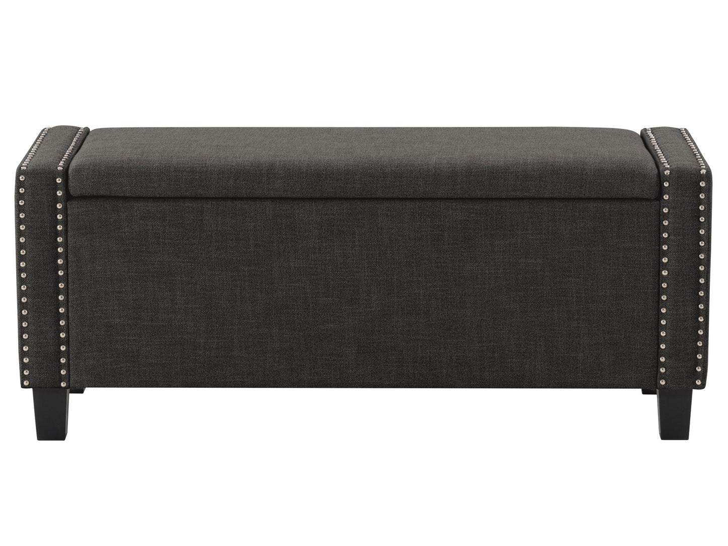 Dark grey storage ottoman with tufted top, soft fabric upholstery, and wooden legs. Ideal for living room or bedroom, offering extra seating and hidden storage space for blankets, pillows, or magazines.