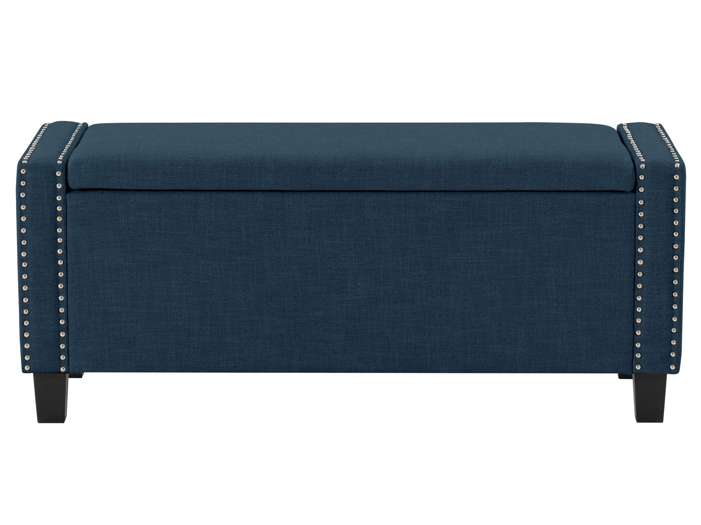 Navy blue storage ottoman with tufted top, soft velvet texture, and wooden legs; versatile furniture piece for living room or bedroom, offering stylish seating and hidden storage.