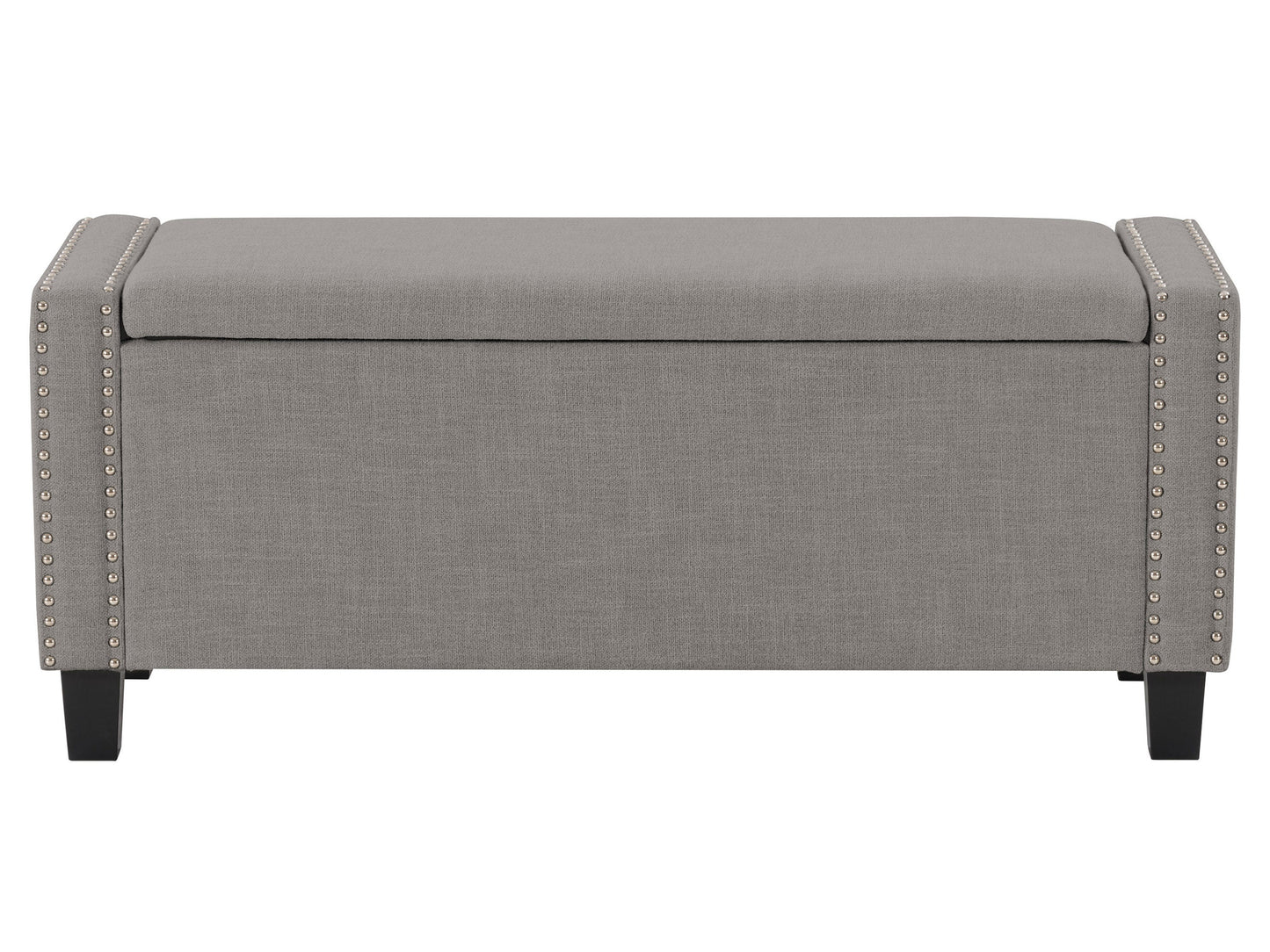 Light grey storage ottoman with tufted fabric, wooden legs, and a hinged lid for extra storage. Ideal for living room or bedroom decor, this multifunctional piece offers both seating and organizational space.