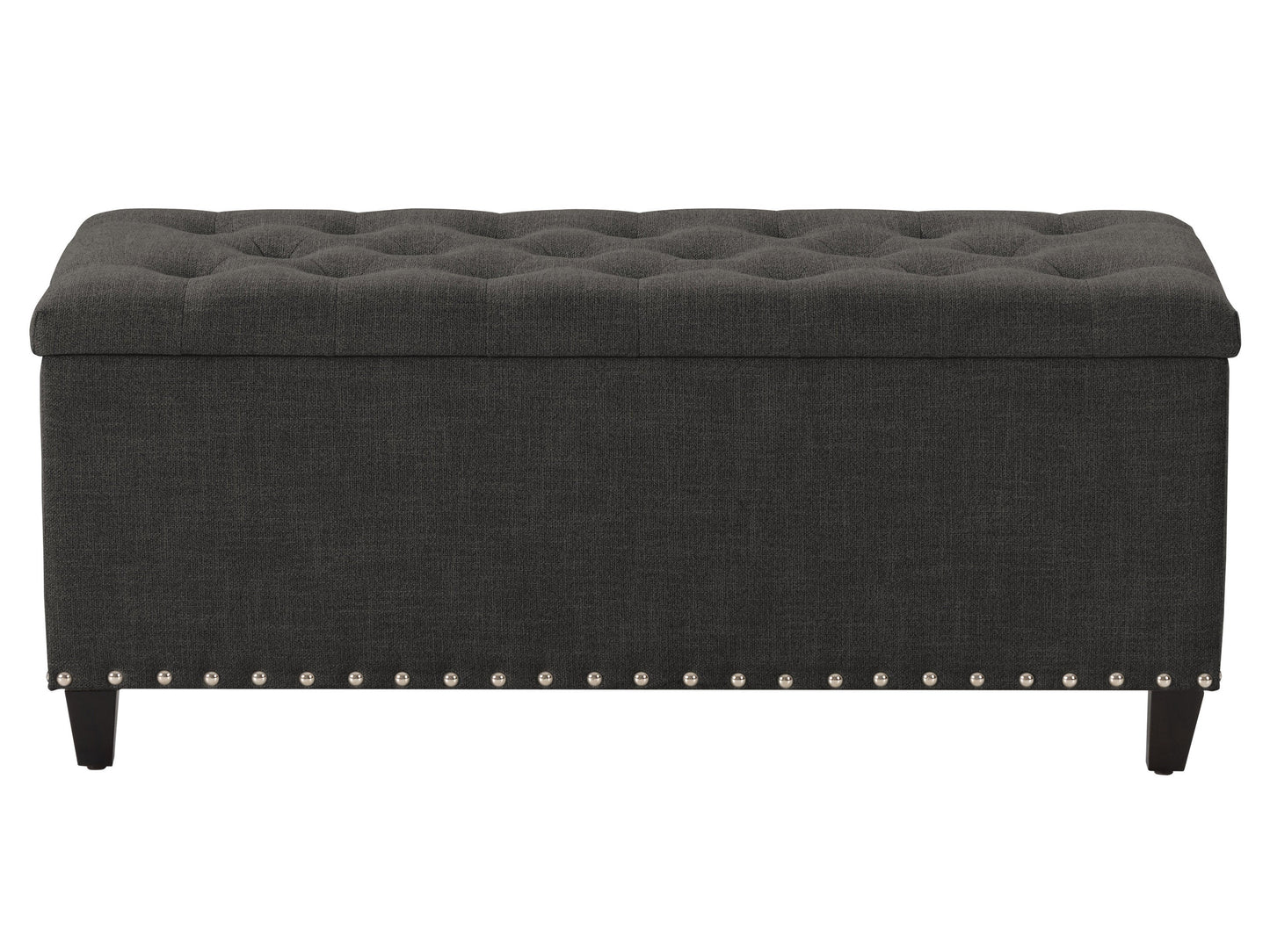 Dark grey tufted storage ottoman with soft fabric, sturdy wooden legs, and spacious interior compartment for storage. Perfect for living rooms or bedrooms, adding both style and functionality.