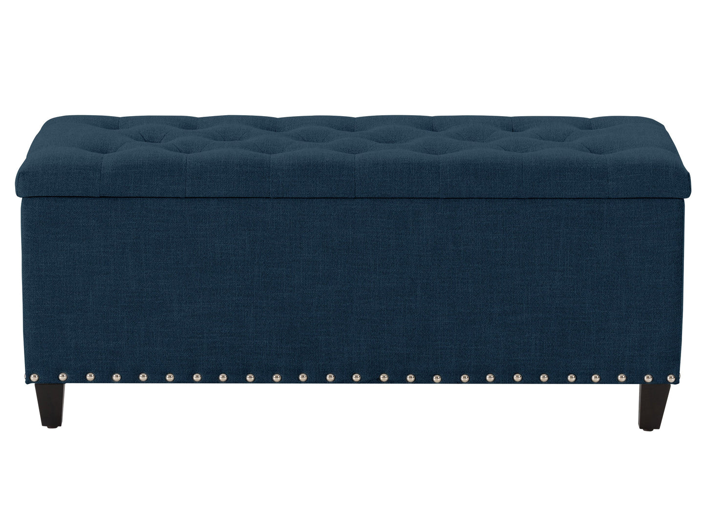 Navy blue tufted storage ottoman with soft velvet fabric, wooden legs, and spacious interior compartment for living room or bedroom.
