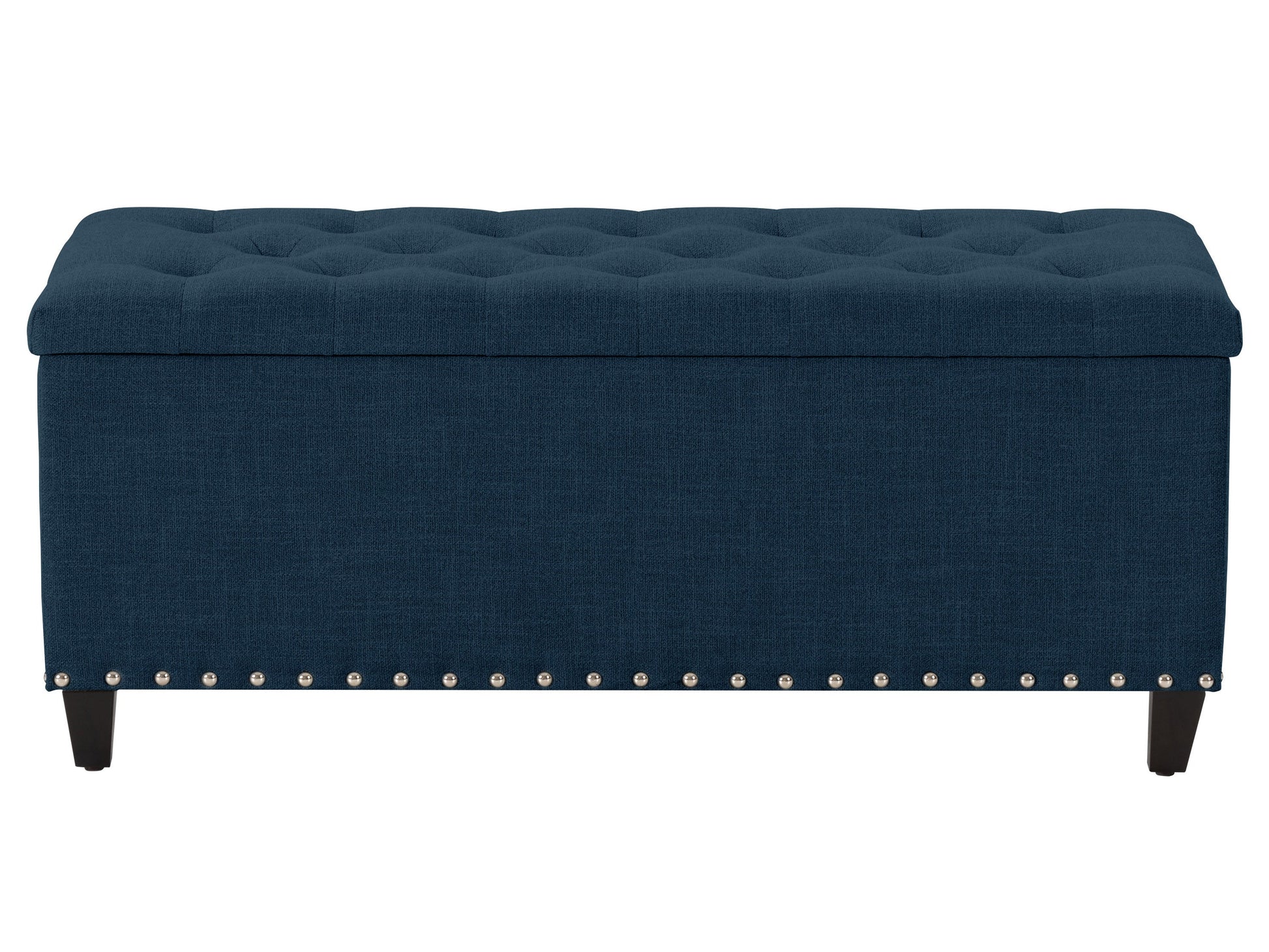 Navy blue tufted storage ottoman with soft velvet fabric, wooden legs, and spacious interior compartment for living room or bedroom.