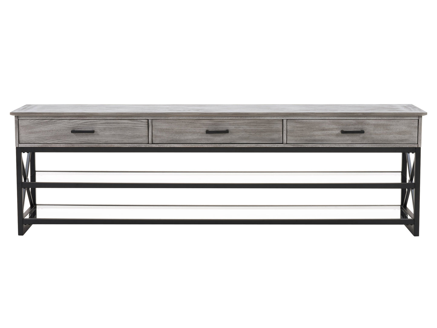 Grey TV stand for TVs up to 95 inches, featuring sleek modern design, durable wood construction, two spacious open shelves, and a minimalist style perfect for contemporary living rooms.