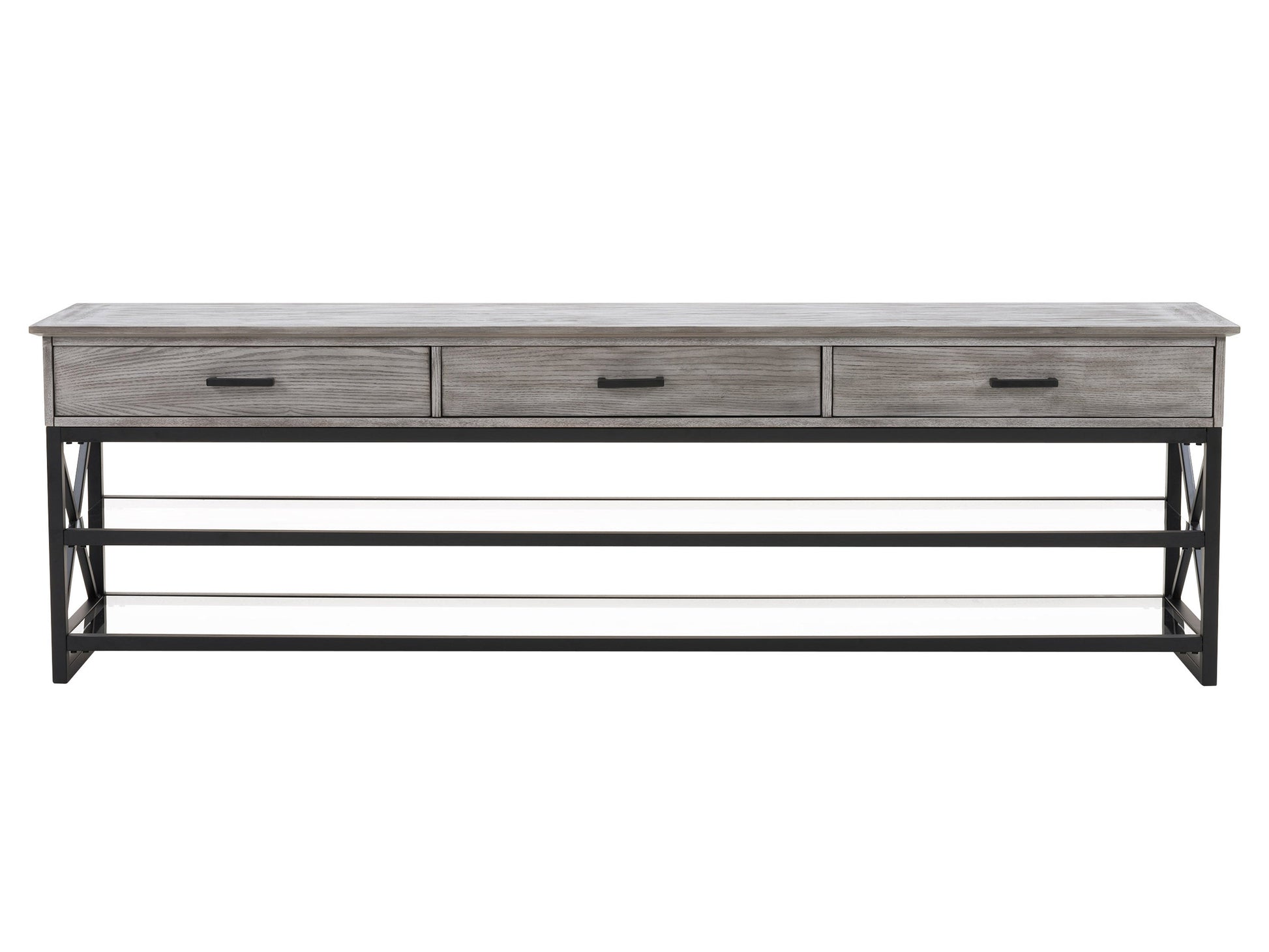 Grey TV stand for TVs up to 95 inches, featuring sleek modern design, durable wood construction, two spacious open shelves, and a minimalist style perfect for contemporary living rooms.