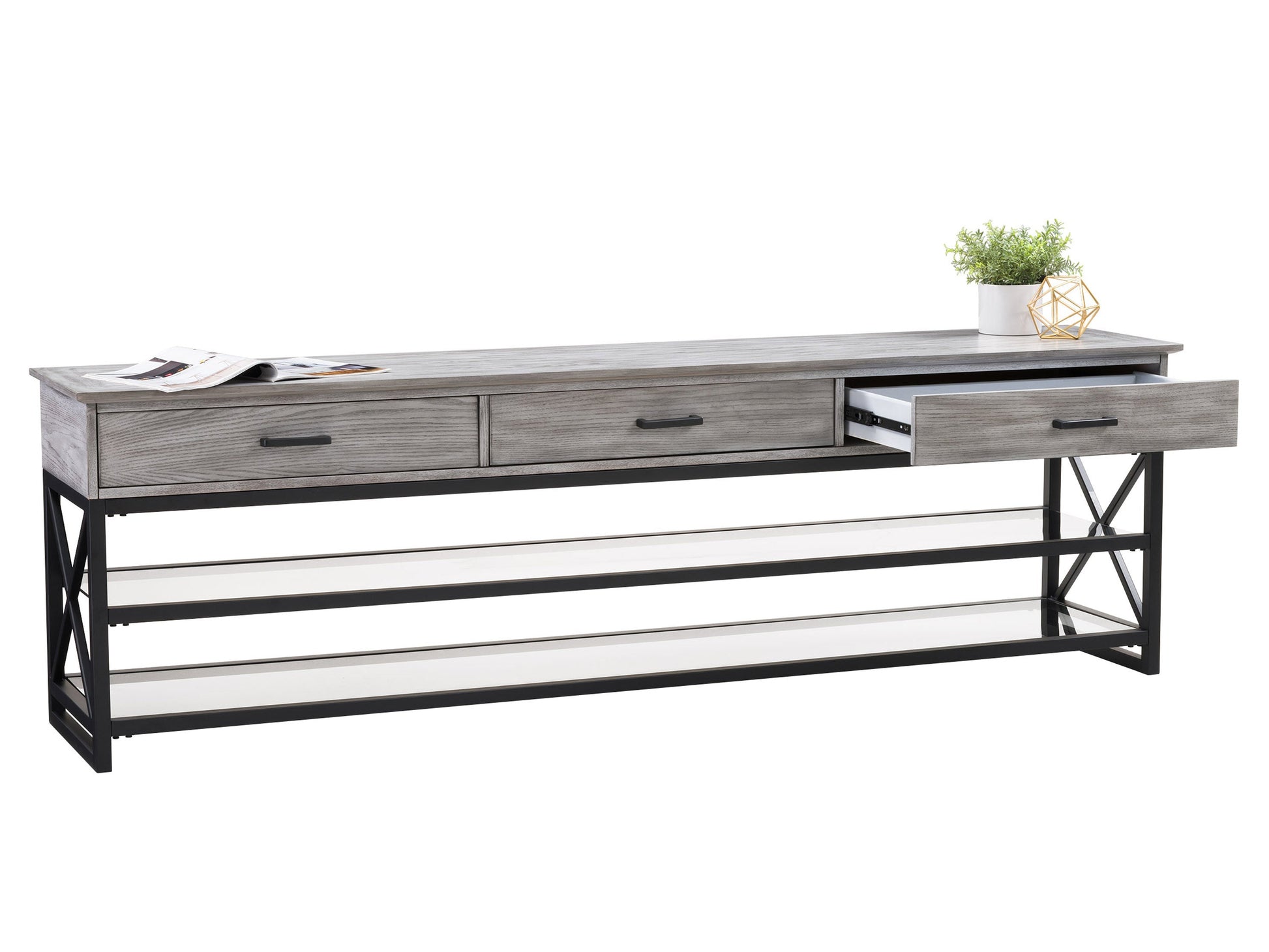 Grey TV stand for TVs up to 95 inches, featuring sleek modern design, durable wood construction, two spacious open shelves, and a minimalist style perfect for contemporary living rooms.