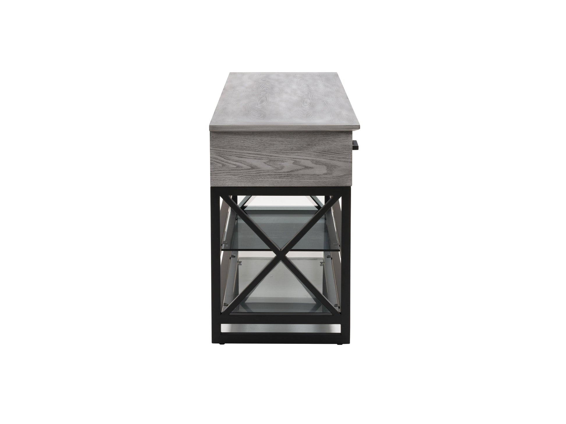 Grey TV stand for TVs up to 95 inches, featuring sleek modern design, durable wood construction, two spacious open shelves, and a minimalist style perfect for contemporary living rooms.
