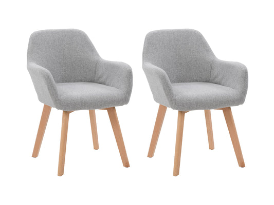 Light grey dining chairs set of 2 with cushioned seats, sleek wooden legs, modern design, and soft fabric upholstery. Ideal for contemporary dining rooms or kitchens.