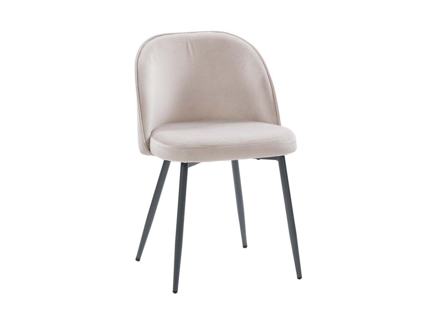 Beige velvet dining chair with gold metal legs, tufted backrest, and curved, modern design.