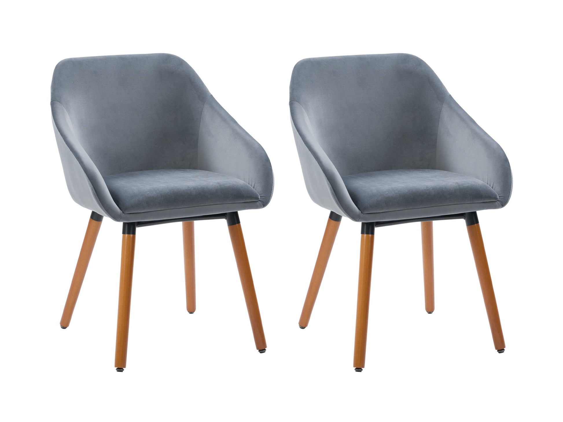 Set of 2 grey velvet dining chairs with tufted backs, sleek black metal legs, and plush cushioning for modern dining rooms.
