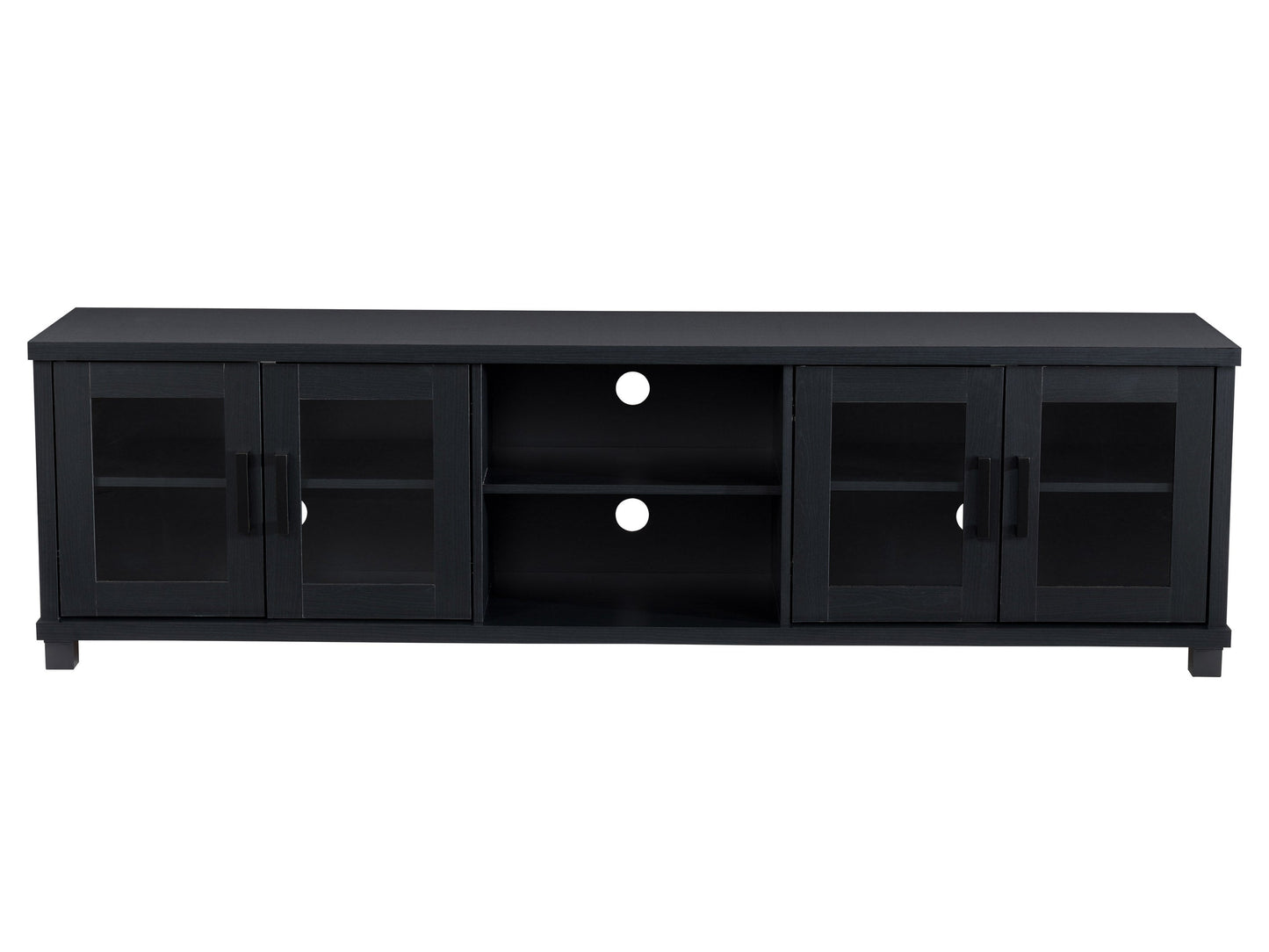 Black TV stand for TVs up to 95 inches, featuring sleek modern design, sturdy wooden material, open shelving for media devices, and cable management system for a clutter-free setup.