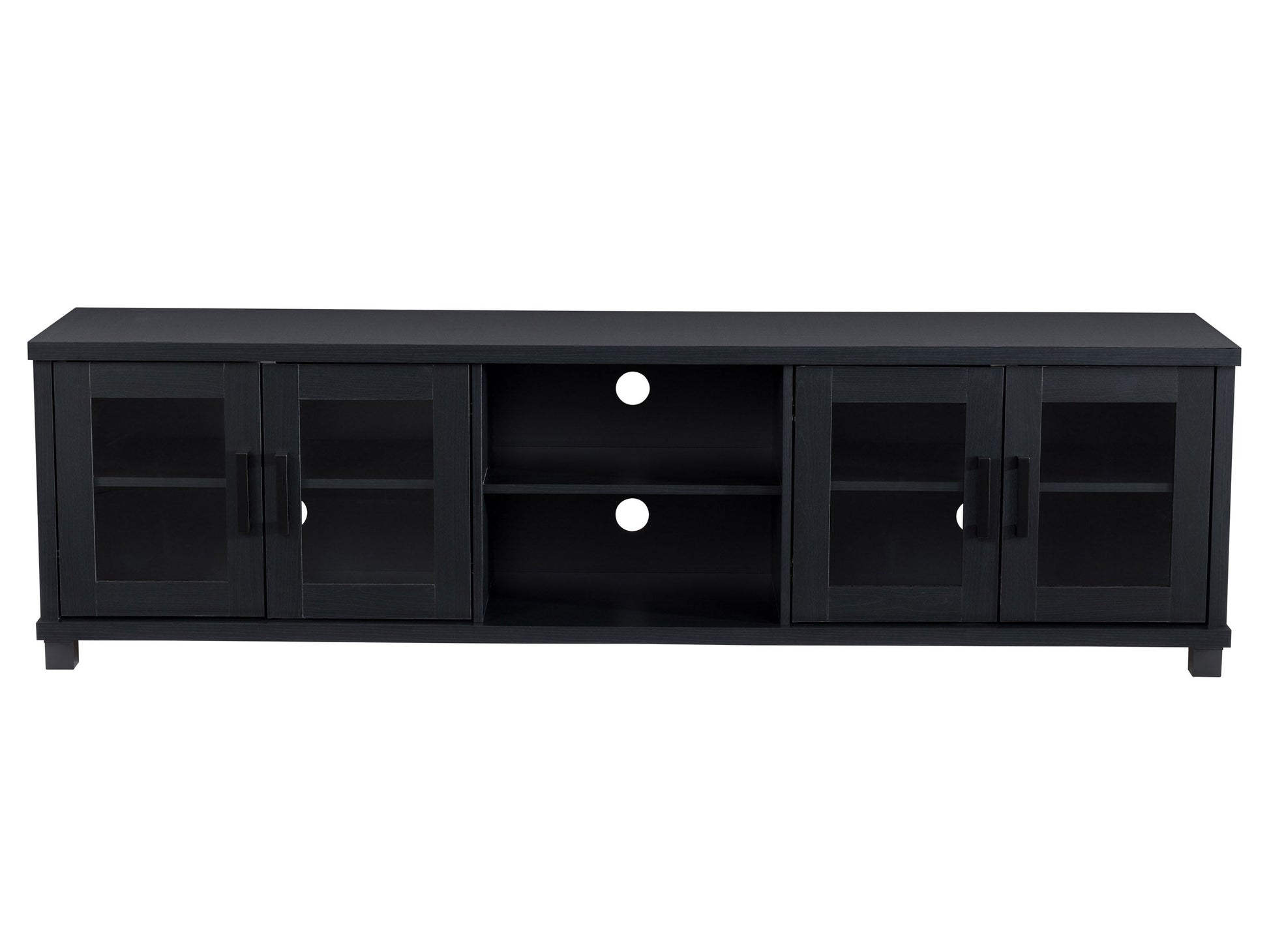 Black TV stand for TVs up to 95 inches, featuring sleek modern design, sturdy wooden material, open shelving for media devices, and cable management system for a clutter-free setup.