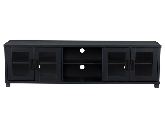 Black TV stand for TVs up to 95 inches, featuring sleek modern design, sturdy wooden material, open shelving for media devices, and cable management system for a clutter-free setup.