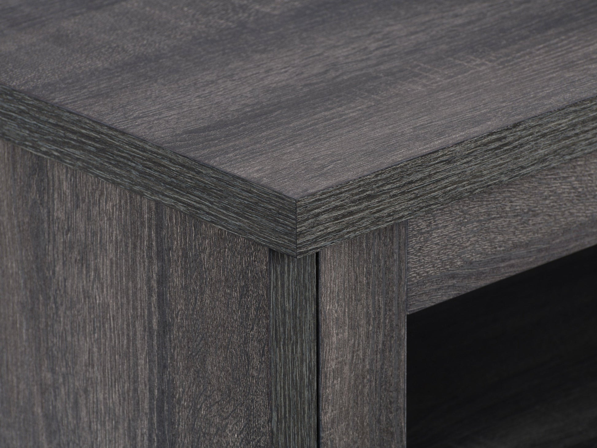 Dark grey TV stand for TVs up to 95 inches, featuring a sleek modern design, sturdy wooden construction, and ample storage with open shelves and closed cabinets. Ideal for contemporary living rooms.