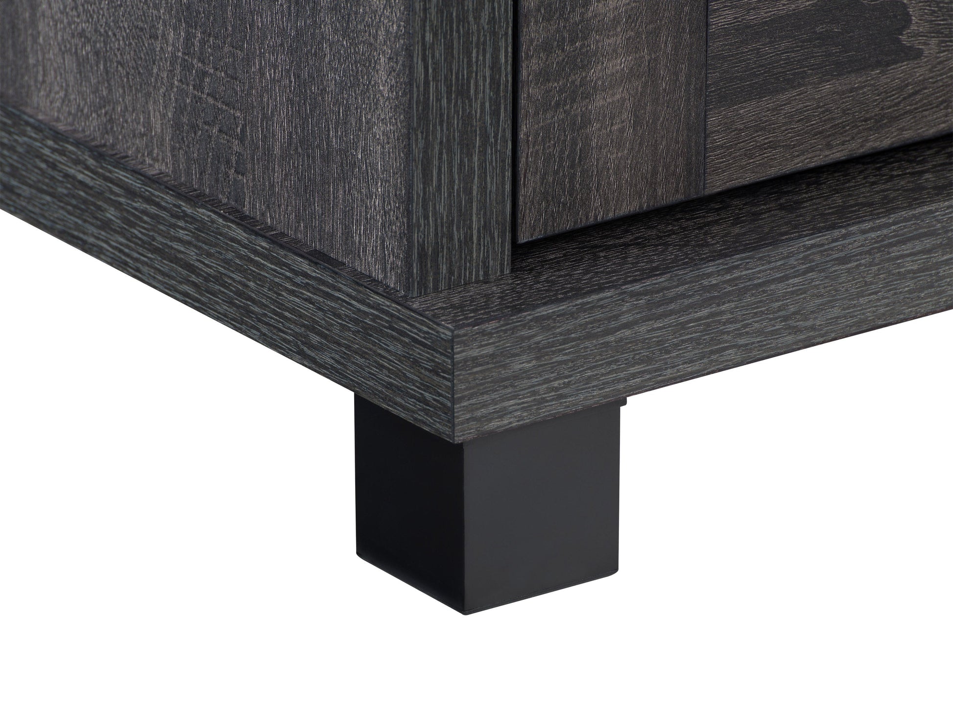 Dark grey TV stand for TVs up to 95 inches, featuring a sleek modern design, sturdy wooden construction, and ample storage with open shelves and closed cabinets. Ideal for contemporary living rooms.