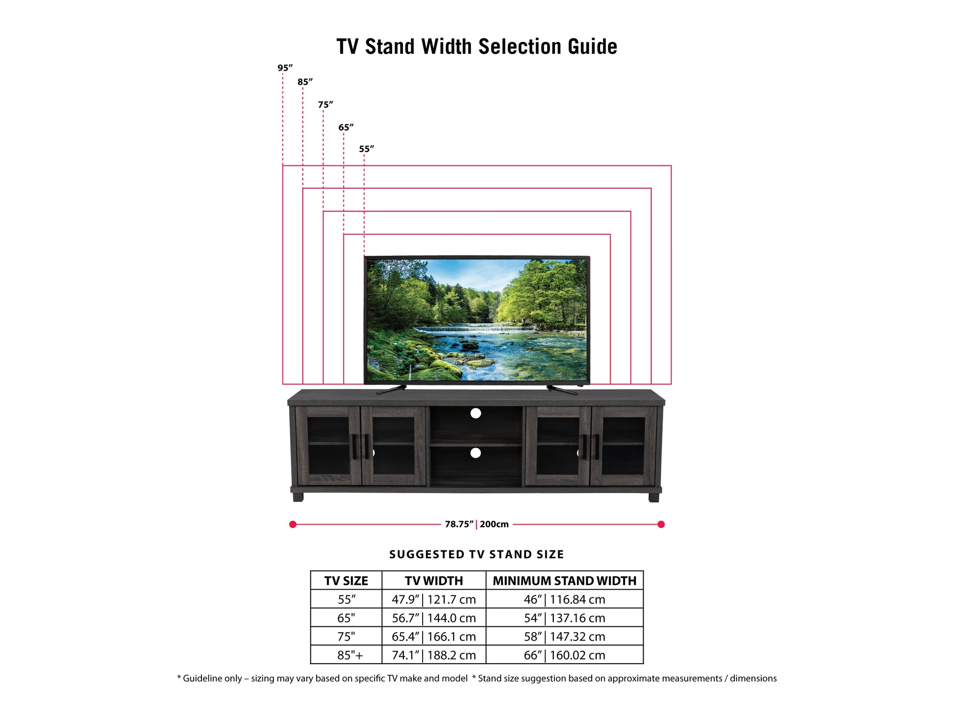 Dark grey TV stand for TVs up to 95 inches, featuring a sleek modern design, sturdy wooden construction, and ample storage with open shelves and closed cabinets. Ideal for contemporary living rooms.